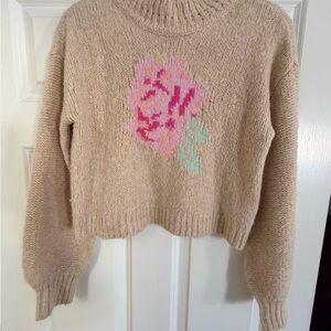 LoveShackFancy Tan Sweater with Pink Floral Design